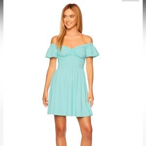 Susana Monaco Mint Creme Off Shoulder Gathered Front Dress